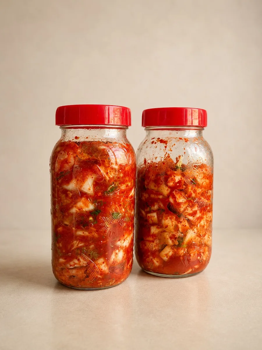 Zwei große Einmachgläser mit rotem Deckel, gefüllt mit Kimchi.
