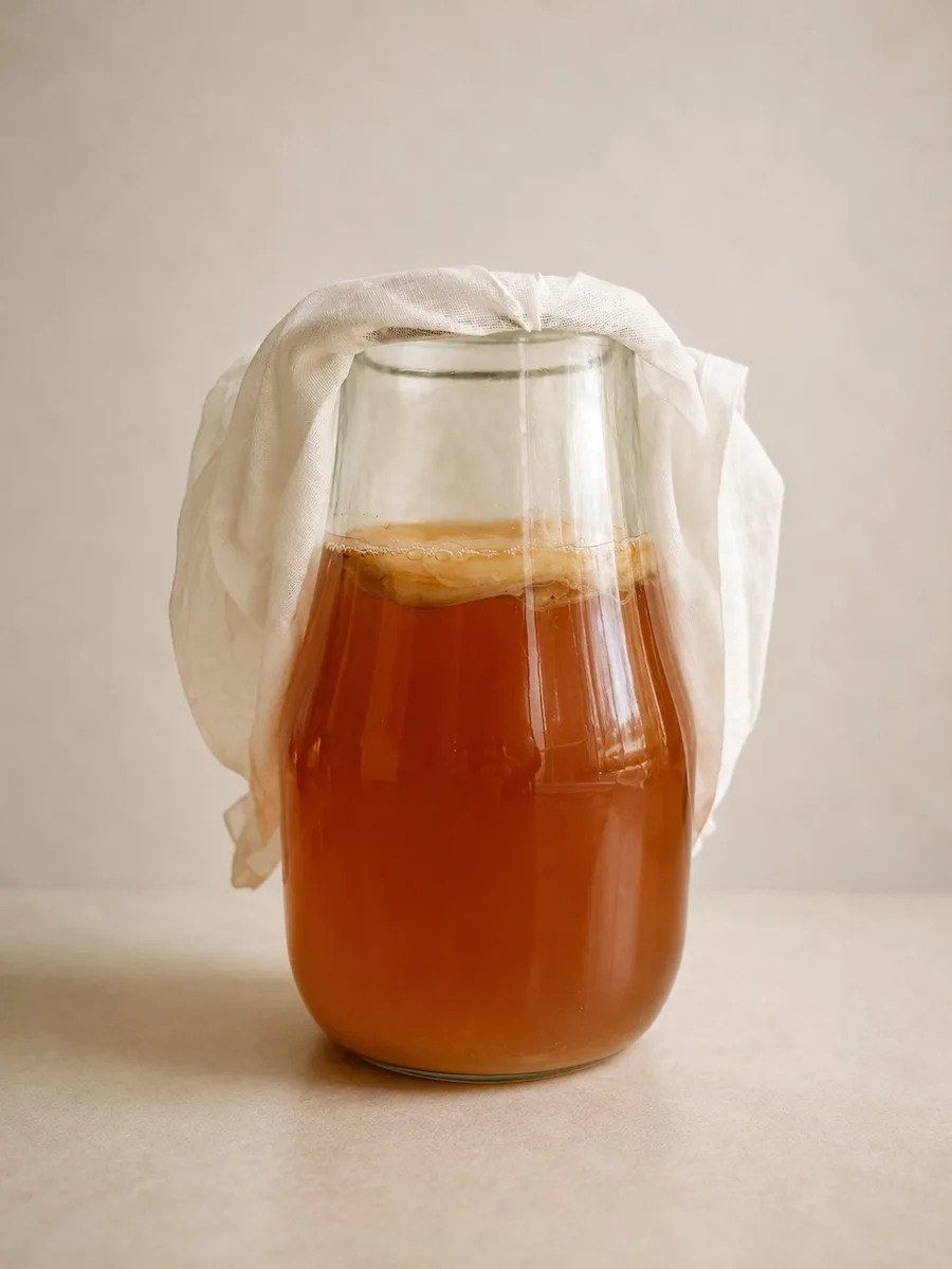 Ein Glasgefäß mit Kombucha, mit einem Mulltuch abgedeckt, die Kultur schwimmt an der Oberfläche.