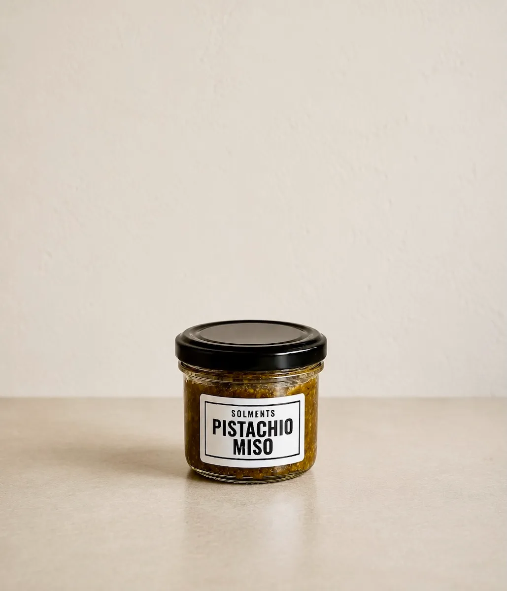 Ein Glas SOLMENTS Pistachio Miso auf hellem Untergrund, die grünliche Paste hinter dem Etikett sichtbar.