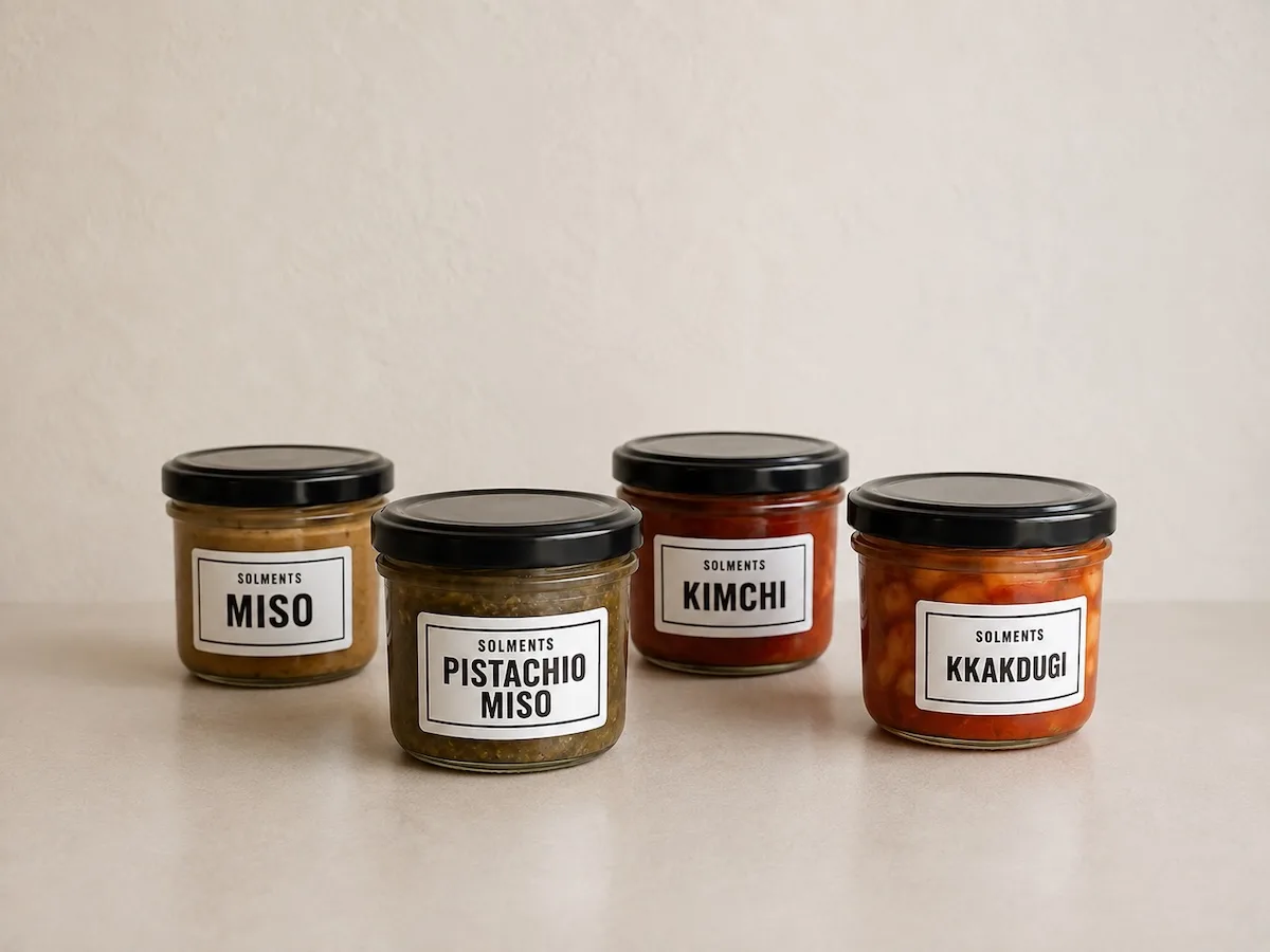 Vier Gläser aus dem SOLMENTS-Sortiment nebeneinander: Miso, Pistachio Miso, Kimchi und Kkakdugi, jeweils mit schwarz gerahmtem Letterpress-Etikett.